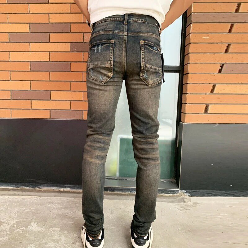 High Street Fashion Jeans Vintage pria, elastis ketat terbelah biru hitam desainer Panel kulit Hip Hop merek P