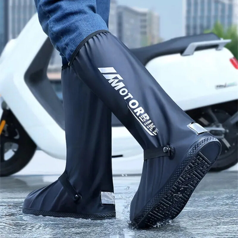 Botas de chuva de alta tubo motocicleta reutilizável, capas impermeáveis para calçados antiderrapantes, unisex bicicleta homens sapatos protetores, dia chuvoso