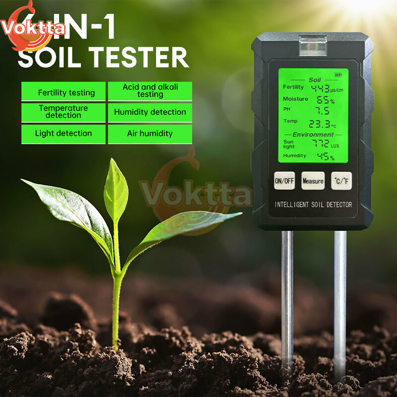 Soil PH Tester 6-in-1 PH Moisture Temp Test LCD Screen Humidity Meter Nutrient Water Tester Garden Flower Planting Soil Tester