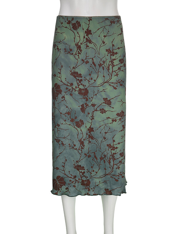 HEYounGIRL Vintage Long Skirt Green Floral Print Women Y2K High Street Grunge Fashion Elegant Mid-Calf Skirt Autumn Winter 2023