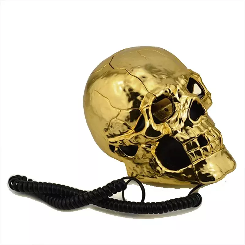 New Unique Skull Head Skeleton Shaped Flashing Eyes Corded Land Line Home Office Desk Telephone Table Decoration Golden Color