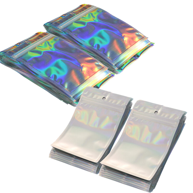 Plástico iridescente Zip Lock Bags, Bolsas Cosméticas, Sacos de Maquiagem Holográfica a Laser, Holograma Zipper Bags, 100Pcs
