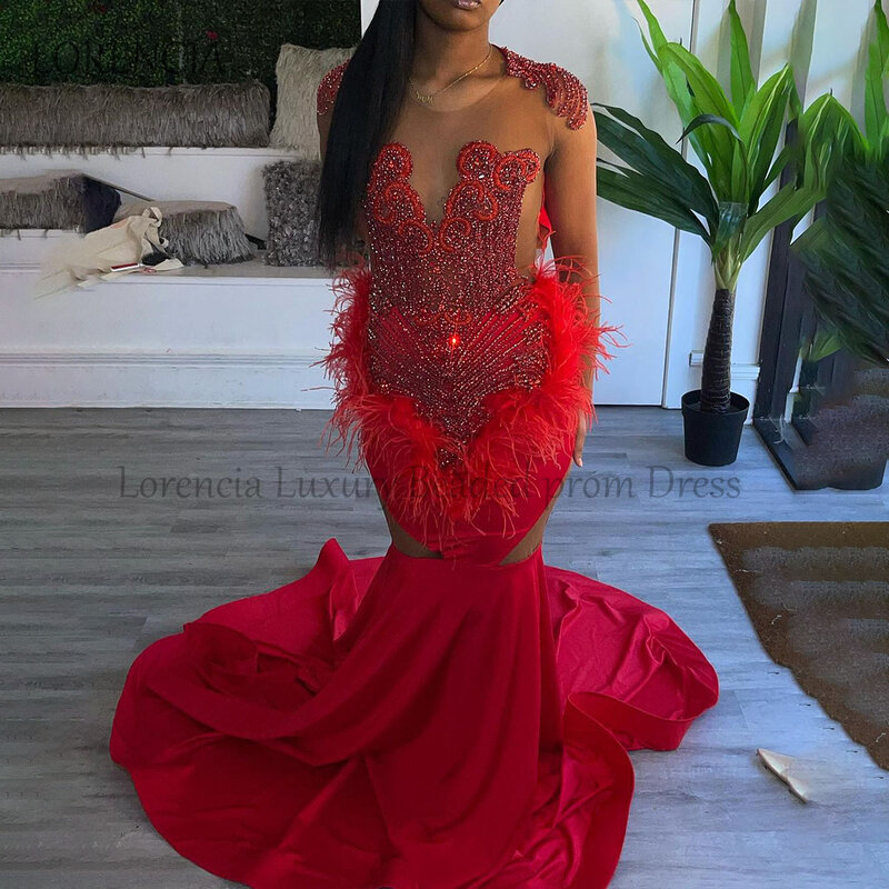 Sparkly Red 2024 Mermaid Black Girl Prom Dress Crystal Sequins Feathers Evening Party Gowns Formal Sleeveless vestidos de gala