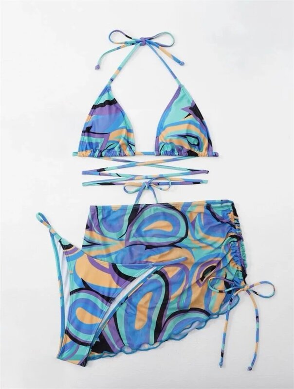 3 pezzi costume da bagno da donna intimo + reggiseno superiore + gonna corta Summer Beach Holiday Bikini Sexy stampato Daily Hot Girl Streetwear