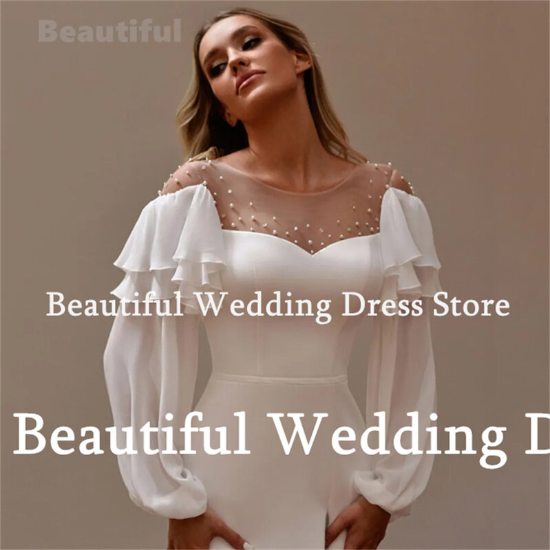 Красивое платье, прозрачное свадебное платье с круглым вырезом, шифоновое платье с бусинами и юбкой-годе, свадебное платье с длинными рукавами, платье до пола для свадебной вечеринки