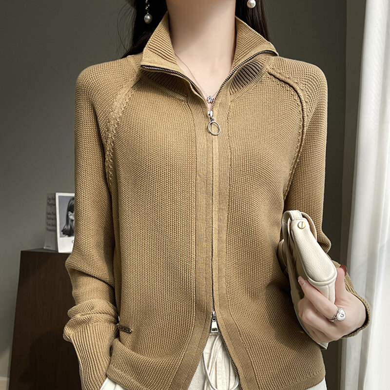 Camisola feminina cardigan de lã de gola alta, top estilo coreano, novo em outwear, zíper tricotado, roupas de primavera