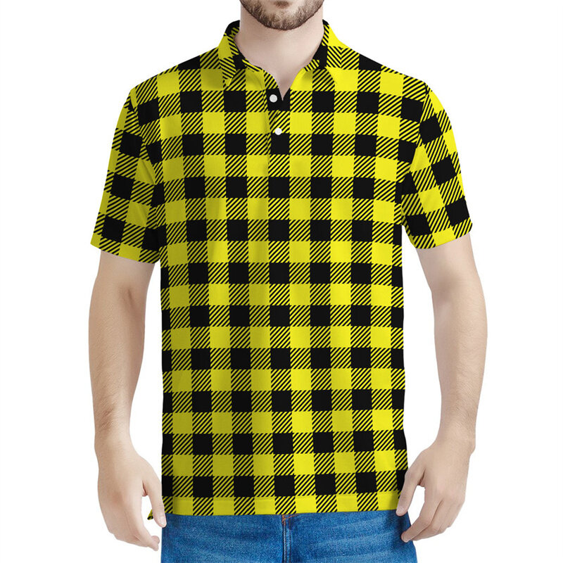 Polo graphique à grilles colorées pour hommes, t-shirts à carreaux College en 3D, t-shirt d'été décontracté à manches courtes, t-shirt à revers en Y