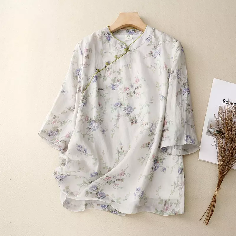Koszule damskie w stylu vintage Letnie drukowane bluzki w stylu chińskim Luźne damskie topy z krótkim rękawem Bawełniana odzież lniana YCMYUNYAN