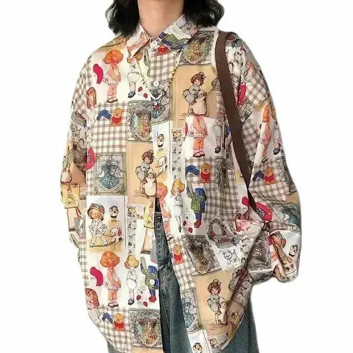 Женская рубашка в шотландскую клетку, с мультяшным принтом, в японском ретро-стиле, для детей, новинка 2024, весенне-осенний винтажный милый женский топ в ленивом стиле