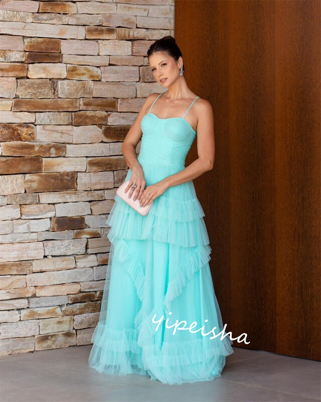 Tulle Draped Tiered Wedding Party Ball Gown Spaghetti Strap Bespoke Occasion Gown Long Dresses
