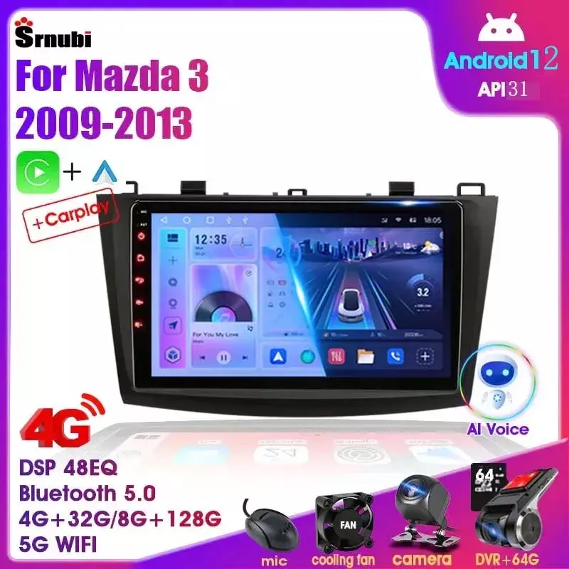 Rádio Automóvel Leitor Multimédia para Mazda 3 2009-2013, Android 12, Estéreo, Navegação, Carplay, Alto-falantes, Unidade de Cabeça, Vídeo, Áudio, GPS, 2 Din