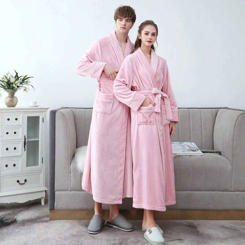 Women Winter Extra Long Warm Flannel Bathrobe Plus Size Thick Coral Fleece Bath Robes Lovers Solid Dressing Gown Men Sleepwear