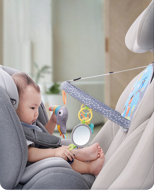 Mainan kursi mobil untuk bayi, kursi mobil belakang, mainan gantung, Pusat Permainan tendangan, lengkungan aktivitas kursi mobil dengan derak cermin musik untuk bayi