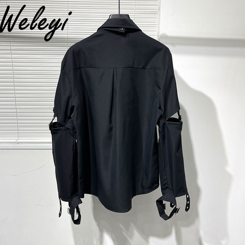Jirai Kei Trendy Men's Black Shirt Spring Dark Metal Sweet and Unique Splicing Steampunk Street Style Fashion Work Clothes Blusa