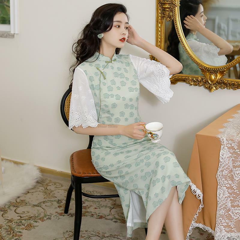 جمهورية الصين نمط التلبيب زر تحسين مزاجه أنيقة شيونغسام المرأة ضئيلة الأزهار كبيرة الأكمام فستان الحفلات