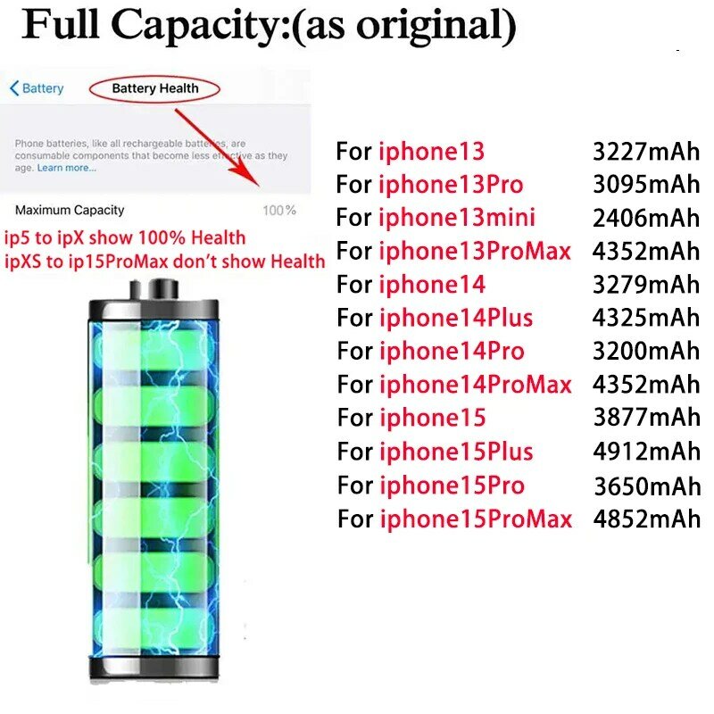 Оригинальный аккумулятор для телефона IPhone 5S SE/2/3 6 6s 6p 6sp 7 7p 8 Plus X Xr Xs Max 11 12 Mini 13 Pro 14 15 Plus, аккумулятор для Apple