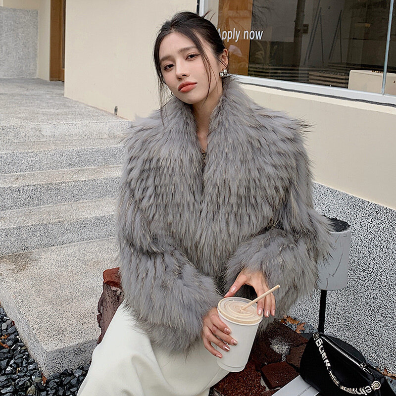 Abrigo de pelo de mapache para mujer, abrigo corto de cintura alta con tiras de pelo de perro para coche, moda joven, 2022
