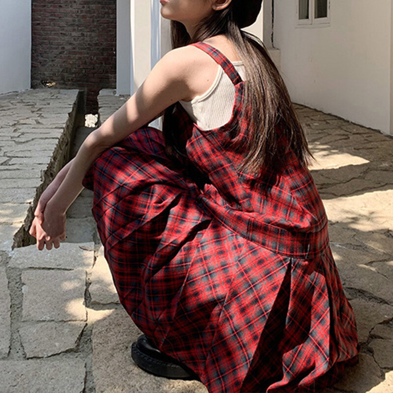 هوتشو-فستان كلاسيكي أحمر منقوش بلا أكمام ، فستان قصير مطوي ، طراز ياباني ، موضة كورية ، هاراجو ، Y2K