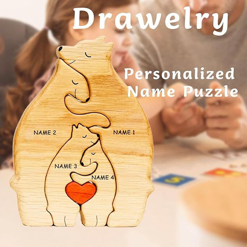 Spersonalizowany rodzina niedźwiedzia Puzzle tematyczne DIY nazwiska drewniane Puzzle ozdoba na biurko domu Deco spersonalizowany prezent na Boże Narodzenie
