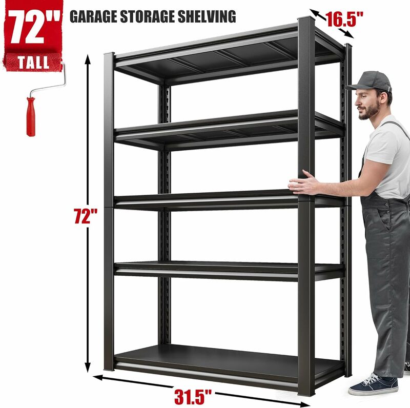 72''H Garage Shelving Heavy Duty Garage Storage Shelves Load 2000 LBS Adjustable Metal Shelves for Storage 5 Tier Storage