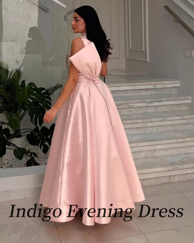 Женское официальное платье цвета индиго с высокой горловиной и бантом в пол, 2024
