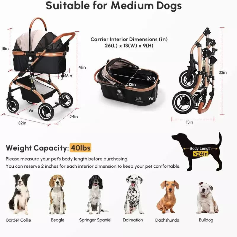 Carrito para mascotas 3 en 1, carrito para perros pequeños y medianos, con portador desmontable, plegable, de viaje
