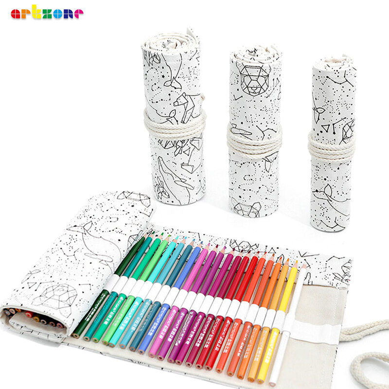 Bolsa de lápices enrollable de lona para niñas y niños, estuche de lápices de tela colorida, bolsa de bolígrafos Kawaii, 36 agujeros