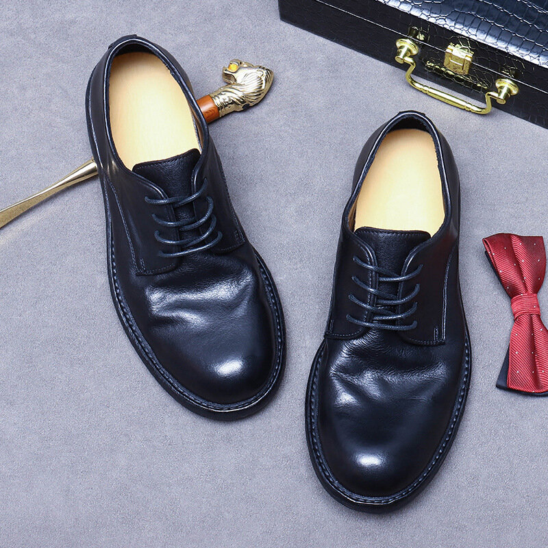 Chaussures en cuir véritable faites à la main Goodyear, chaussures à grosse tête, semelle en cuir véritable, chaussures en cuir de vachette britannique à tête ronde, légères et de luxe, neuves