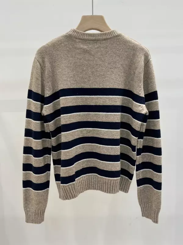 Pulôver feminino de malha manga comprida com decote em O, suéter simples, combina tudo, listras contrastantes, outono, inverno