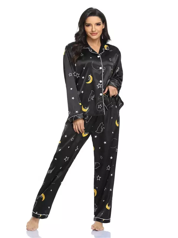 Conjunto de Pijama con estampado de 2 piezas para Mujer, ropa de dormir de satén de seda sintética, con botones, de manga larga, para primavera y verano