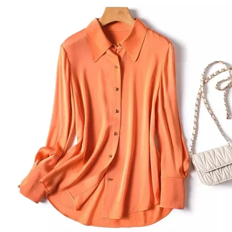 Элегантная Свободная Женская одежда с отложным воротником, модная офисная шелковая рубашка для женщин, Осенние однотонные топы, Повседневная Блузка с длинным рукавом, 29968