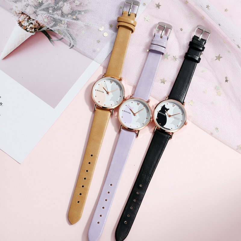 Новые женские часы, кварцевые наручные часы с рисунком кошки для детей, часы для девочек, модные часы с милым мультяшным рисунком из кожи, Relogio Montre