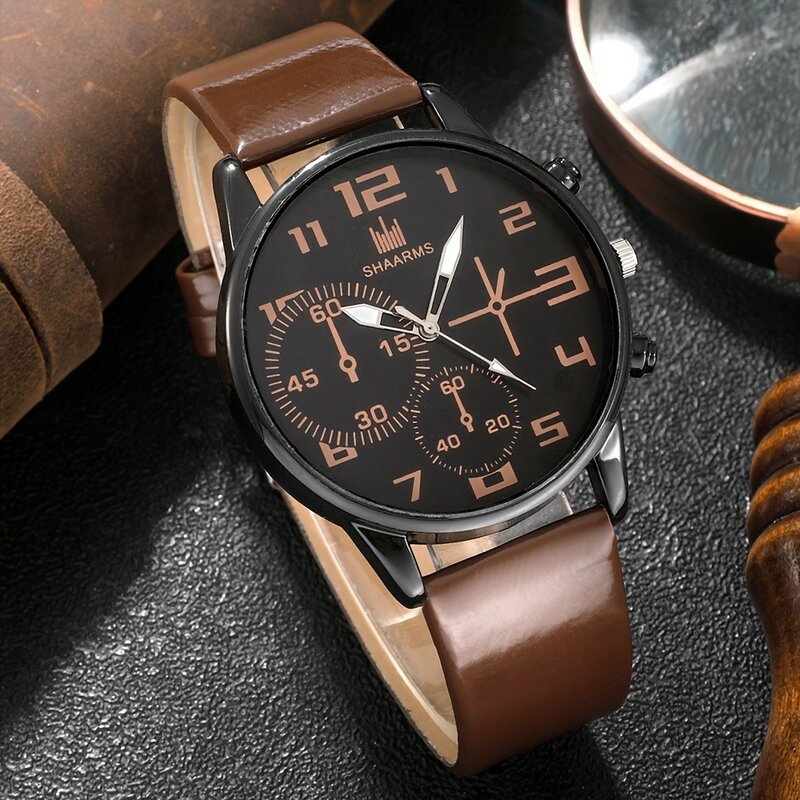 Kegllect 5PCS Men Quartz Watch Round Dial Leather Strap Watch Bracelet Set Ideal Choice for Gifts(Without Box)