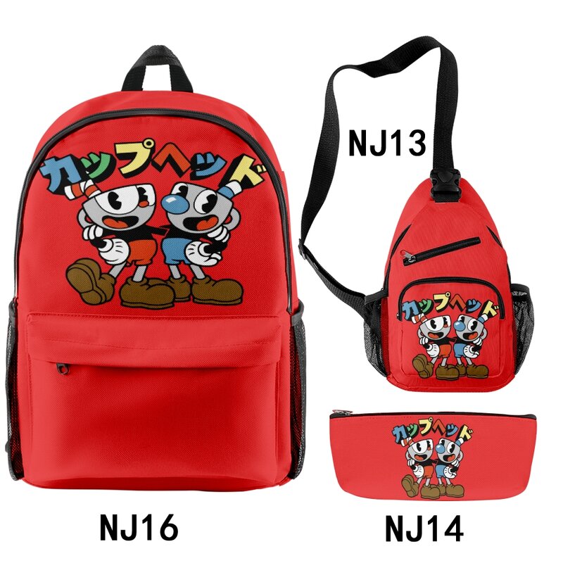 Cuphead pokaż plecaki z postaciami z kreskówek 3 kawałki zestawy Zipper Daypack Unisex Traval torba 2023 nowa torba studencka Manga