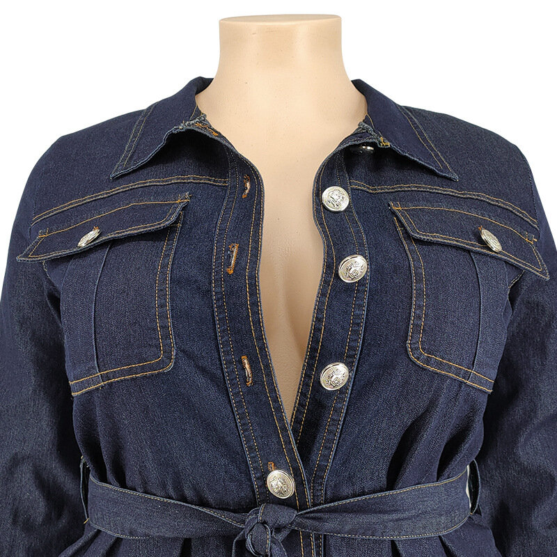 Macacão jeans feminino com cinto, roupa de peça única feminina, calça lápis casual, elegante monocromática, tamanho grande, 2023, inverno