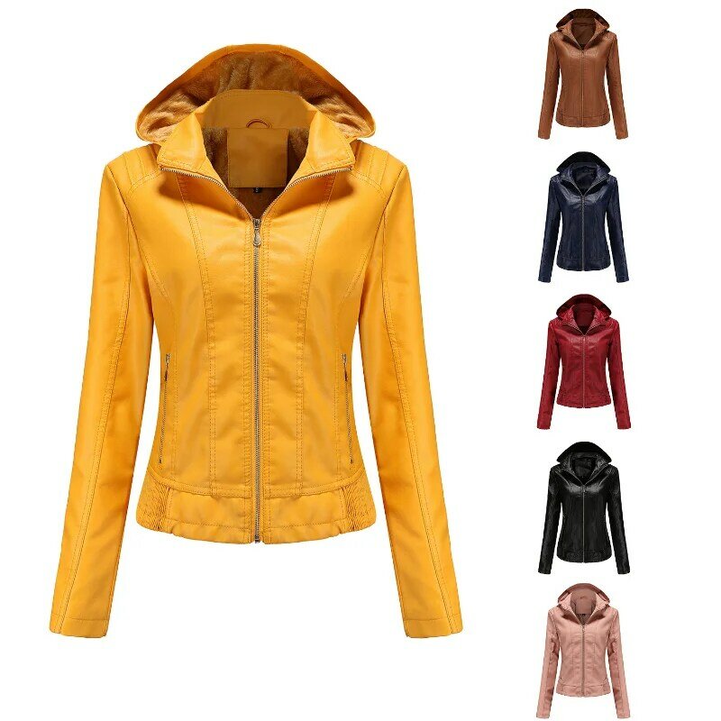 ZXRYXGS 2024 Superior jaket kulit Pu hoodie wanita, mantel kulit Pu ramping dengan ritsleting dapat dilepas, mantel tren ramping