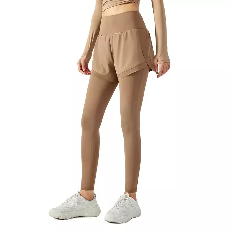 Calças de ioga de duas peças falsas para mulheres, calças finas de cintura alta para levantar o quadril, sem costura, nuas, verão