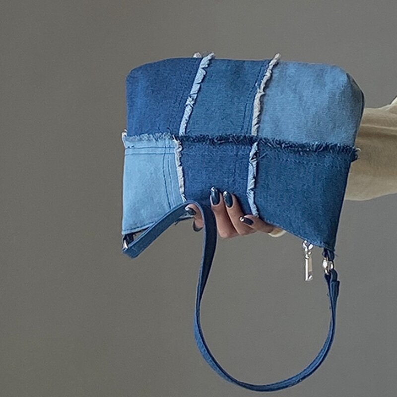 Vintage Denim Stitching Women Underarm Bag Fashion Ladies Contrast Color Small Shoulder