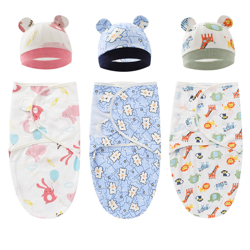 Couverture d'emmaillotage en coton pour nouveau-né, ensemble de chapeaux ronds, literie pour bébé, couvertures reçues, sac de couchage pour bébé, accessoires pour bébé de 0 à 6 mois