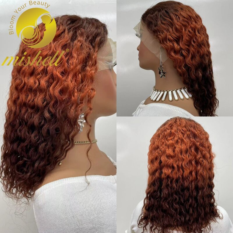 Peluca de cabello humano rizado para mujer, postizo de encaje frontal con ondas al agua, color naranja jengibre, 10-16 pulgadas, 13x4, 200% de densidad, 4/350/4