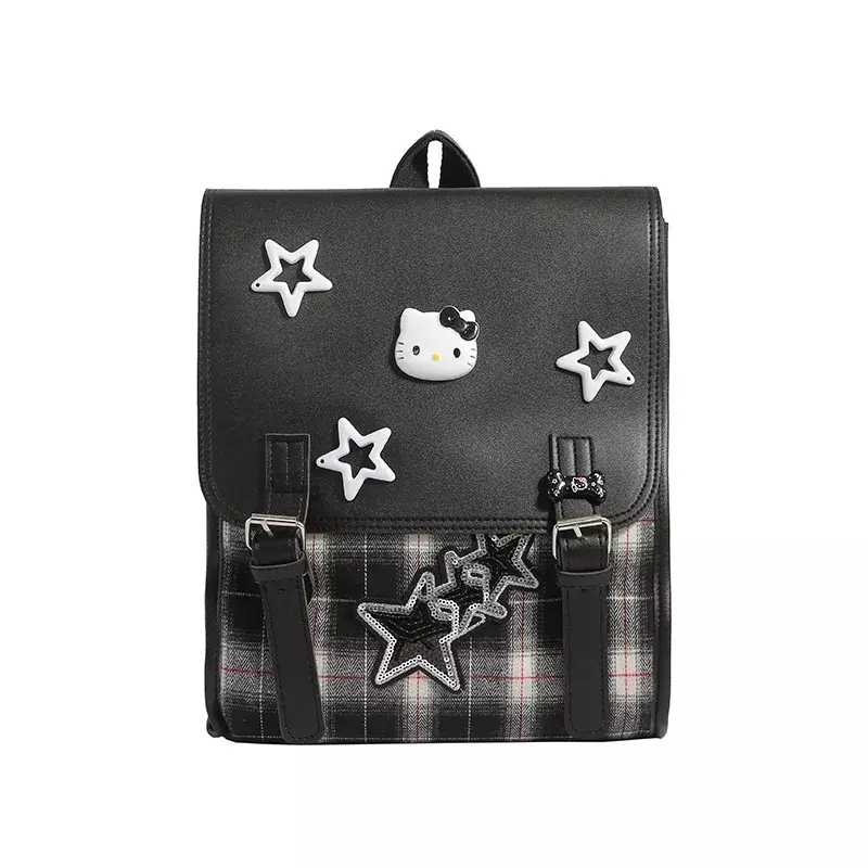 Bolsa escolar de grande capacidade Hello Kitty Campus, mochila portátil Xadrez Y2K, design bonito de nicho, costura mochila estudantil para mulheres