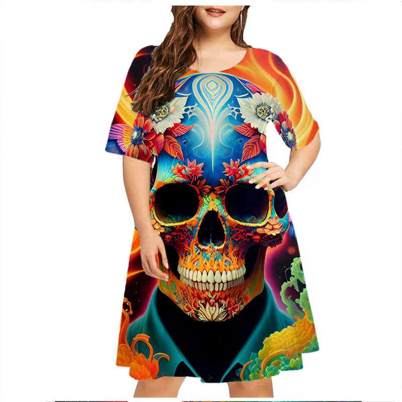 3D Crânio Imprimir Vestido Casual Manga Curta Halloween Mulheres Street Dresses Verão Moda Hip Hop Vestido Design Plus Size Vestuário