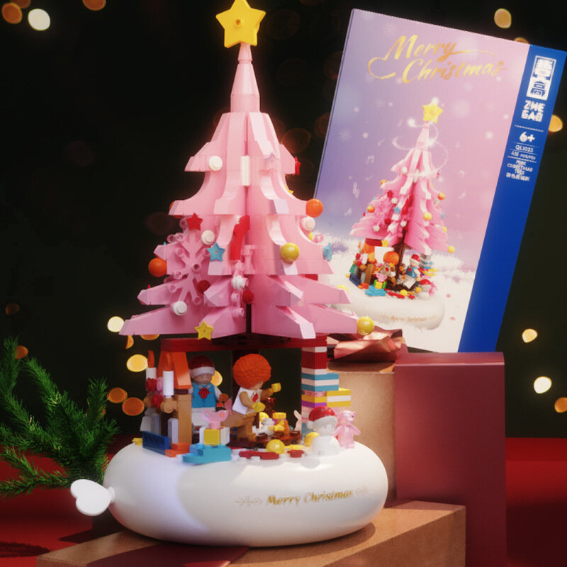 Bloques de construcción de árbol de Navidad, caja de música giratoria, rosa y verde, regalo de cumpleaños creativo para niños y niñas de 7 a 14 años