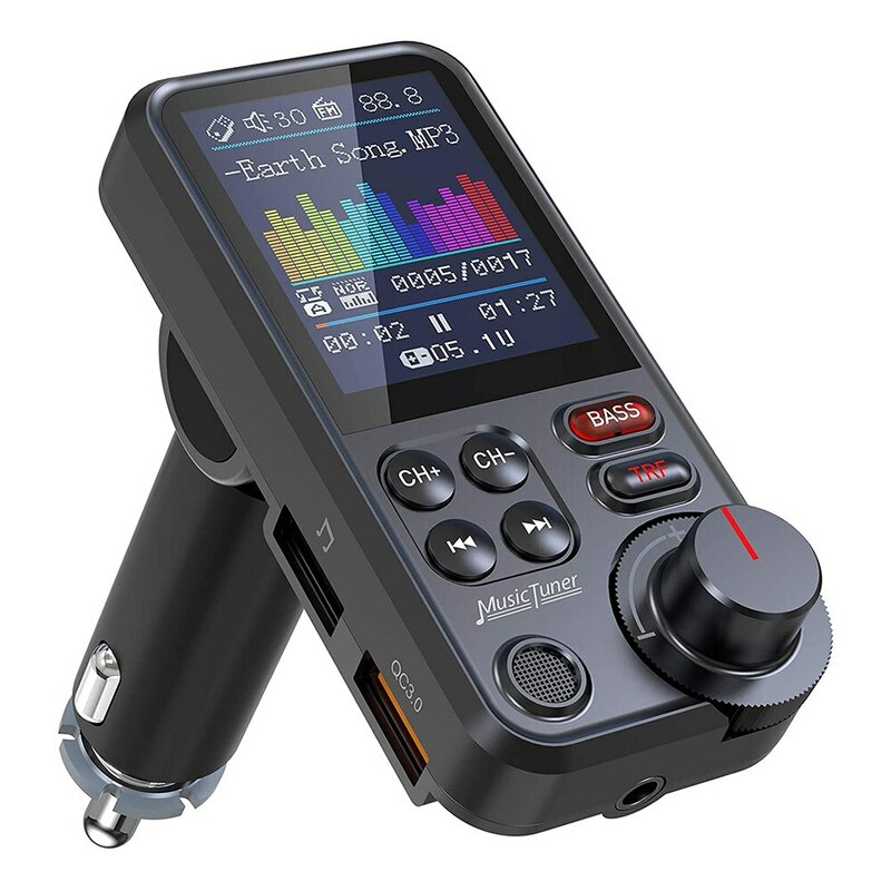 Transmisor FM inalámbrico para coche, reproductor de música con sonido de agudos y graves, 1,8 pulgadas, Bluetooth, Aux, compatible con carga QC3.0