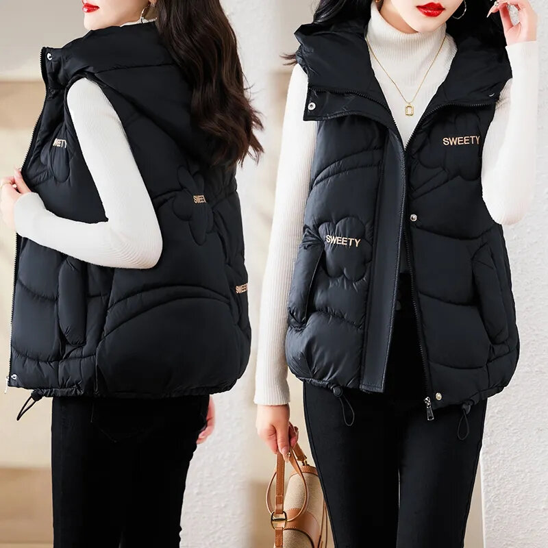 2024 New Women's Vest Puffer Jacket Hooded Short Loose-fit Warm Parkas Female Waistcoat Down Cotton-padded Jacket Outwear