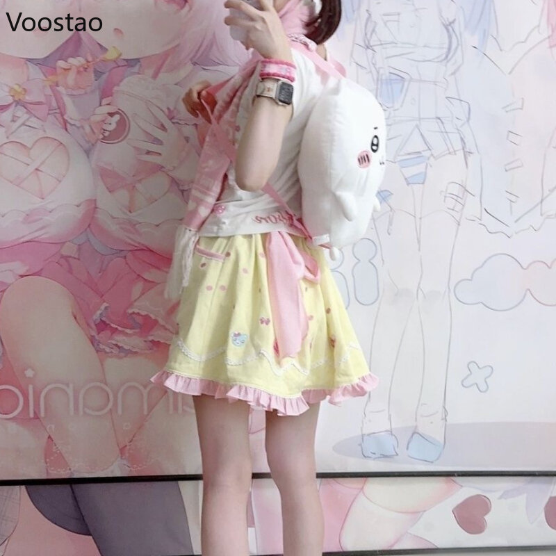 Японская Милая юбка в стиле «лолита» для женщин, Милая Мини-юбка с бантом и вышивкой в виде кролика для девушек, Y2k, юбка с оборками в эстетике