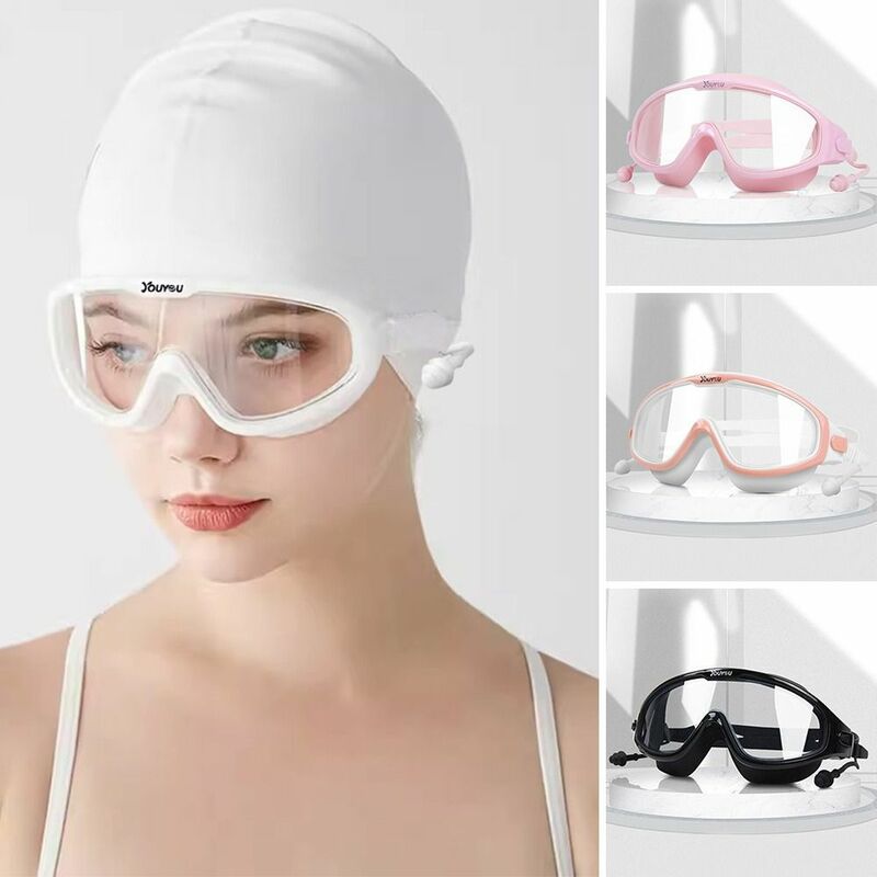 Okulary pływackie silikonowe Outdoor Anti-Fog profesjonalista z zatyczkami do uszu ochrona UV duże oprawki akcesoria pływackie mężczyzn kobiet