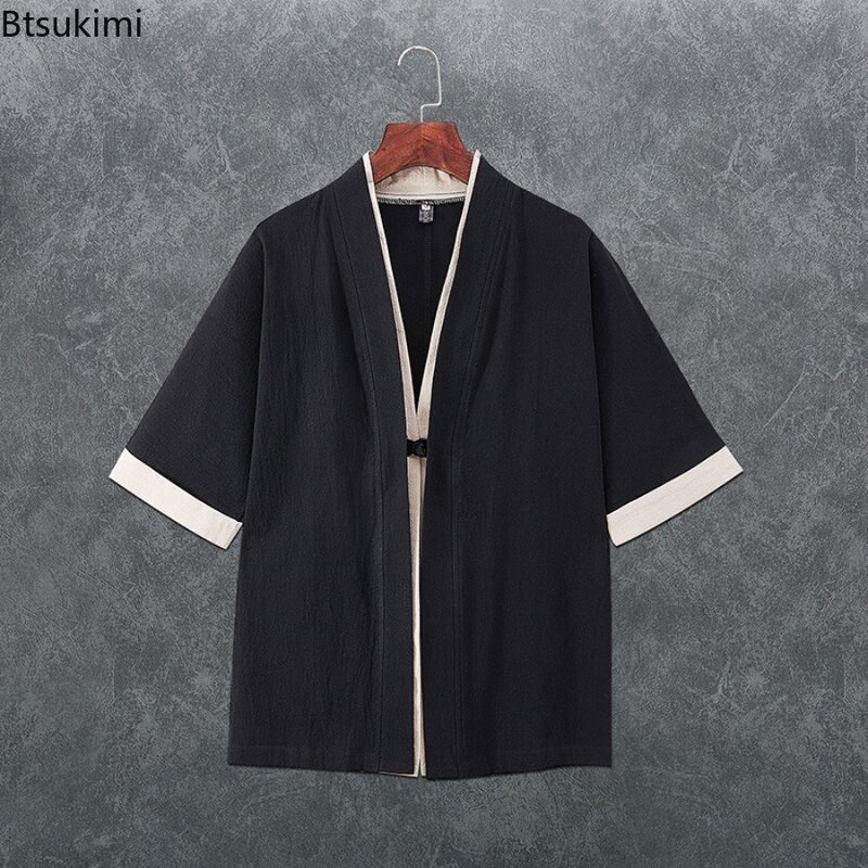 Chinese Style Men's Linen Kimono Cardigan Fashion Loose Patchwork Casual Tops Coat Trend Streetwear New Men Harajuku Shirt Hanfu