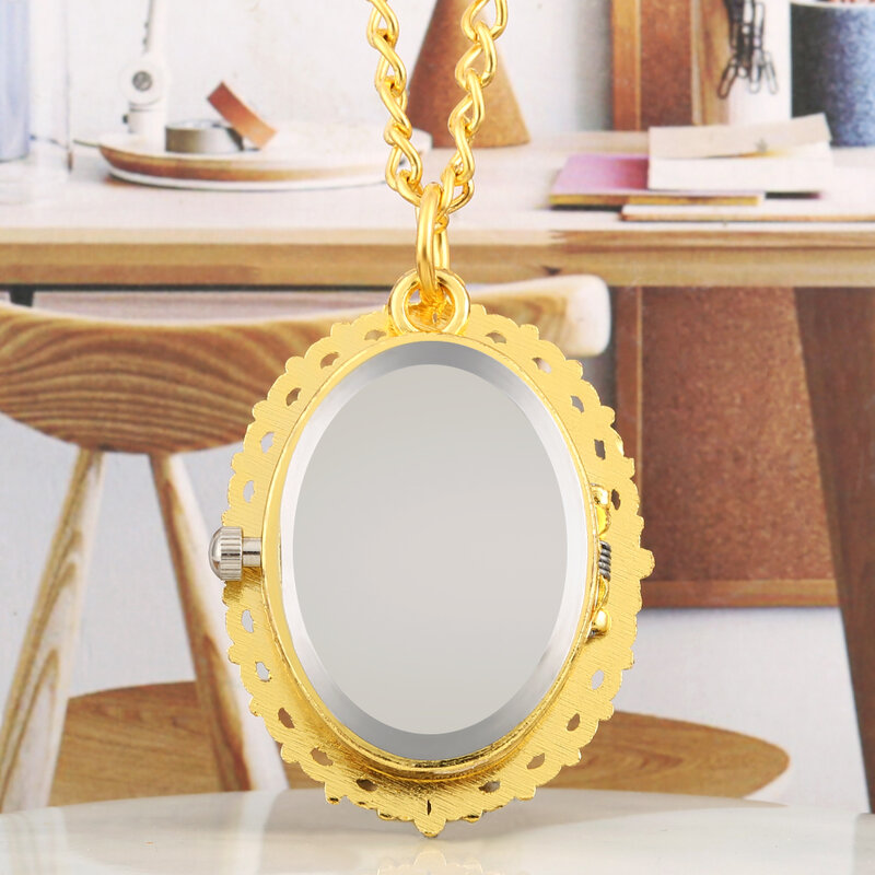 Gold Oval Taschenuhr Anhänger frauen Quarz Uhren Jungfrau Maria Jesus Muster männer Vintage Halskette Kette Geschenke