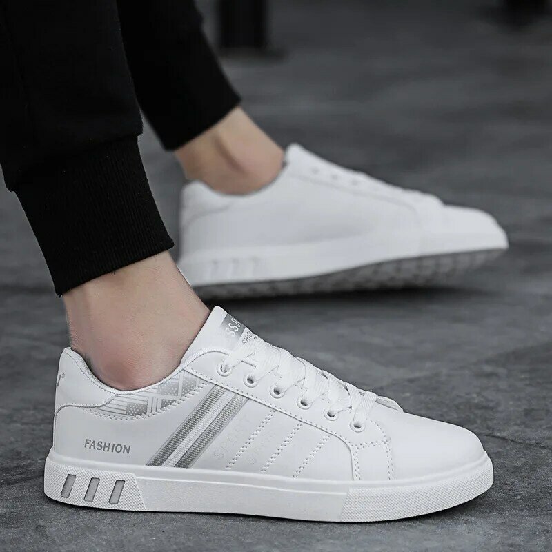 White Sneakers for Men Korean Style Spring Fashion Casual Lace Up Round Toe Flat Running Shoes Zapatillas Deportivas Hombre